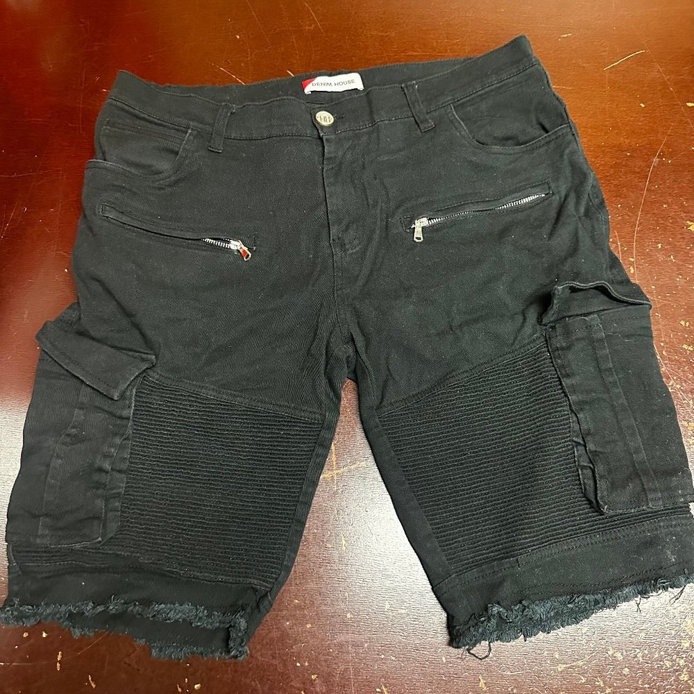 Denim House Mens Black Flat Front Cargo Pockets Denim Cut-off Shorts Size 36